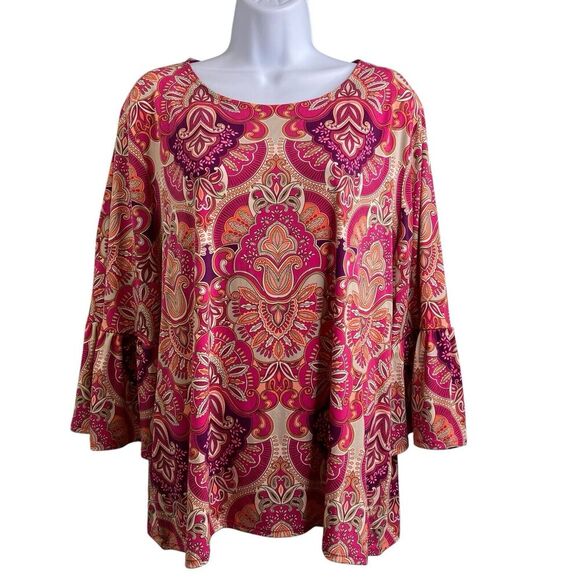 Chico's‎ Women's Pink Medallion Top Size 3 XL Bell Sleeves Regal Ornate Flowy - Picture 1 of 10